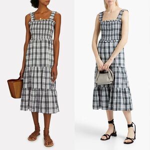 Veronica Beard Ziada Smocked Sleeveless Plaid Midi Dress 4 Black White Tiered